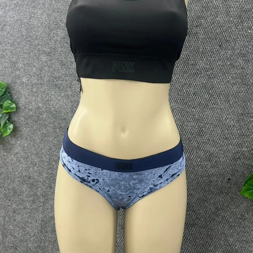PINK Victoria's Secret Blue Crushed Velvet Mesh Thong Panty NWT Women's Large